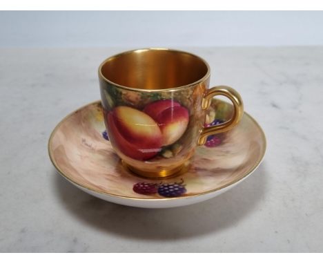 A Royal Worcester fruit painted Coffee Can and Saucer, peaches, blackberries, cherries, etc, signed 'Moseley'