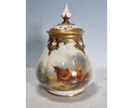 A Royal Worcester lobed Pot Pourri Vase, painted Highland Cattle in a landscape, moulded gilded decoration, lid with finial, 