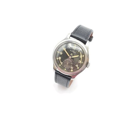 A gentleman's WWII military issue steel Cyma (Dirty Dozen) manual wind Wristwatch, the black  dial having Arabic numerals wit