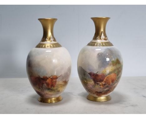 A small pair of Royal Worcester baluster Vases painted scenes of highland cattle in landscapes, signed H. Stinton, 4in H (one