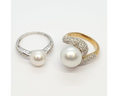 Two Cultured Pearl and Diamond Rings one set in 18ct yellow and white gold, ring size M 1/2, approx 8.9gms and the other in 1