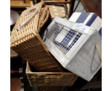 Wicker hamper, pine shoe rack, Edwardian bedroom chair and mixed small baskets. Not available for in-house P&amp;P