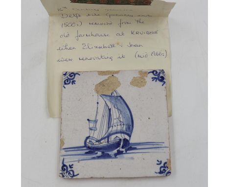Early Delft tile, displaying a ship, with loss of glaze damage, 13 x 13 cm. UK P&amp;P Group 2 (£20+VAT for the first lot and