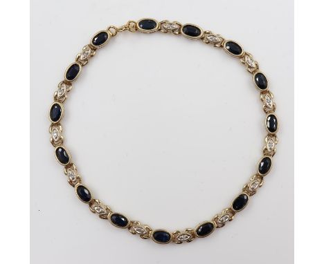 9ct gold cocktail bracelet, set with alternating oval-cut sapphires and illusion set diamonds, L: 19cm, 6.5g. UK P&amp;P Grou