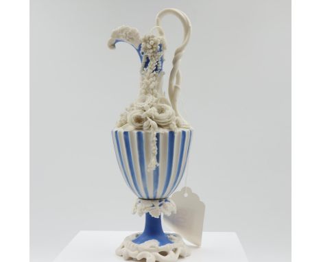 Sammuel Alcock 19th century blue and white ewer with applied decoration, H: 27 cm. UK P&amp;P Group 2 (£20+VAT for the first 