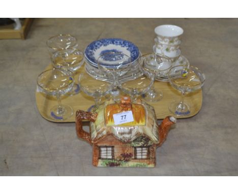 A Cottage ware teapot plus other china and Babycham glasses