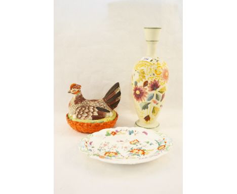 A Victorian floral opal glass vase, hen tureen plus a 19th Century floral dish