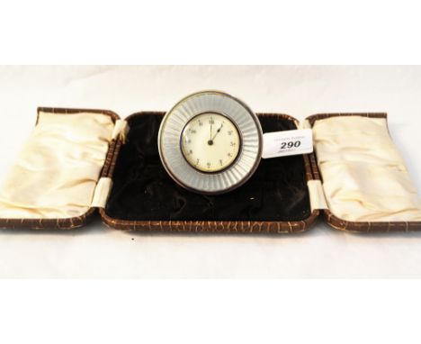 A cased continental silver circular guilloche enamel table clock in two colours by E.Dreyfous, marked 950, Paris, London and 