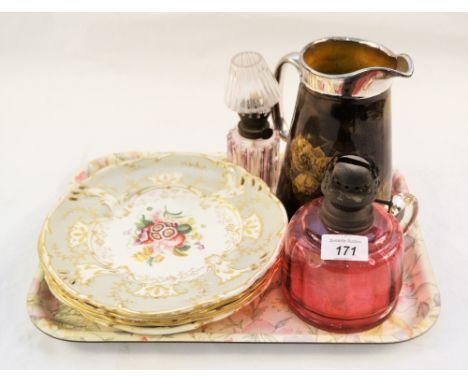 Four 19th Century floral plates, cranberry oil lamp etc