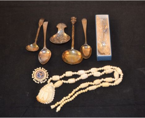 Various silver spoons, plated caddy spoon plus bone jewellery