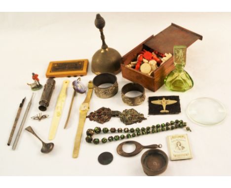 A stained bone chess set, Art Deco green glass scent bottle plus other items