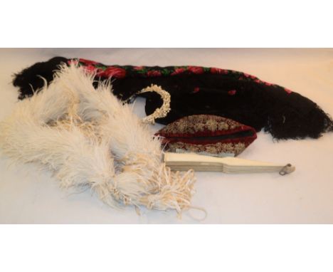 Vintage items to include rose pattern silk fringed shawl, velvet and silk bag, gold and silver thread hat etc