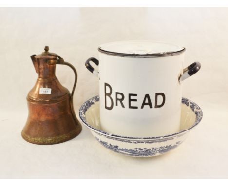 A Middle Eastern copper ewer, enamel bread bin plus a blue and white toilet bowl