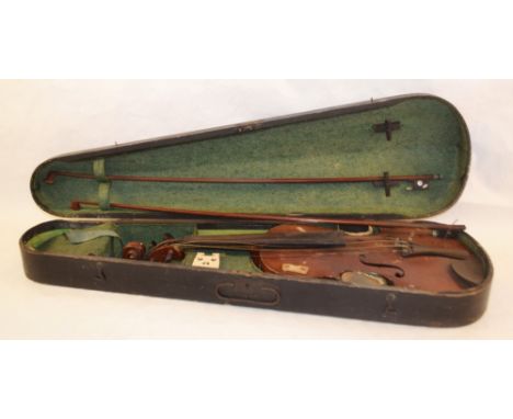 A cased violin and bow, label The Maidstone plus a brass trumpet