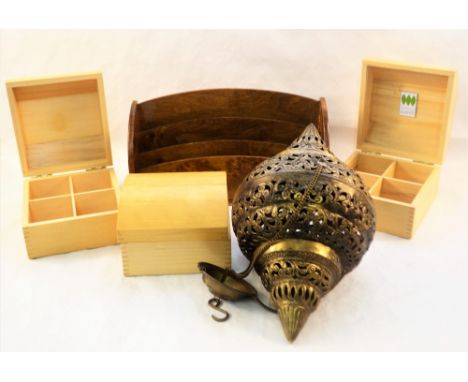 A Middle Eastern brass hall lantern, three wooden boxes plus a letter rack
