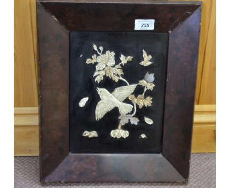 A pair of Shibayama bird decorated panels plus a Chinese mother of pearl landscape panel (some losses)