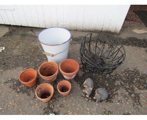 Enamel bucket, hanging baskets and terracotta pots etc 