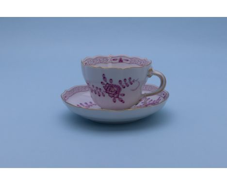 A MEISSEN TEA CUP AND SAUCER
Indian purple flowers pattern, 
Blue crossed swords and numbered 340470/123

Please email hello@