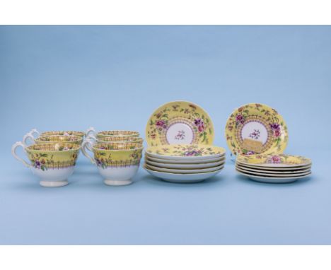 A YELLOW GROUND TEA SERVICE
Attributed to Ridgways, 19th Century
Comprising six side plates, saucers and tea cups

Please ema