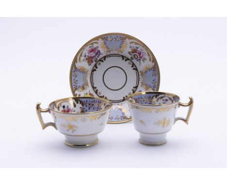 TWO PORCELAIN TRIOS
One example, circa 1820, painted with flowers and with gilt borders; the other, probably mid 19th Century
