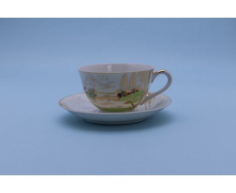 A GROUP OF THREE TEA CUPS AND SAUCERS
Comprising: a New Hall example, pattern 1511, circa 1825, decorated with a bird perched