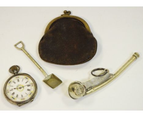 A lady's silver open faced pocket watch, white enamel dial, Roman numerals, decorated with flowers and picked out in gilt, ca