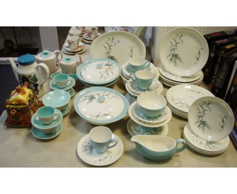 A retro British Anchor Pottery Whispering Grass pattern dinner and tea set, inc tureen and cover, gravy boat, dinner and side