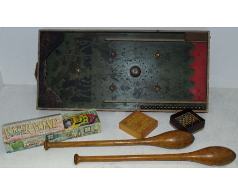 Toys &amp; Juvenalia - a pair of spinning/juggling clubs;  wooden bagatelle game;  candle powered tin plate boat etc qty