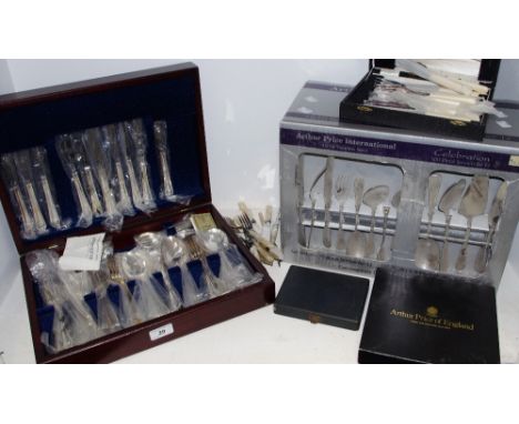 A part canteen of Arthur Price cutlery possibly Chippendale pattern mahogany case; a boxed set of six Chippendale fruit forks