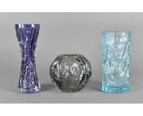 Ingrid Glashutte 'Rock Crystal' range, a trio of textured glass items to include a cylinder vase of waisted form in Amethyst 