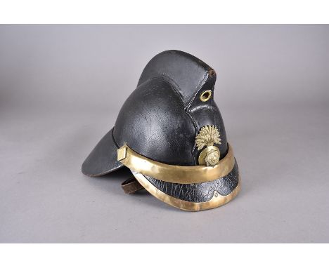 A 1930s Hendry Birmingham pattern Fire Fighter's helmet, the black leather helmet having applied brass trim, National Fire Br