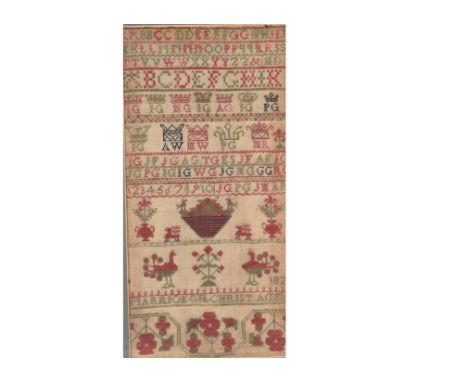 Early 19th Century Sampler worked by Marrion G.H. Christ aged 10 in 1821, designed with the letters of the alphabet and numbe