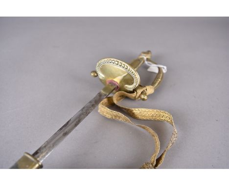 A George V Court Sword, c.1890, the flat backed blade having Royal Cipher and floral decoration, with brass cross guard and h