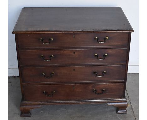 A 19th Century mahogany crossbanded chest-of-drawers, four graduated drawers, ogee bracket feet, 93 cm wide x 55 cm deep x 82