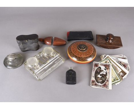 A quantity of miscellaneous items, including a painted Indian disc spice bowl with lid, glass inkstands, leather cased hip fl