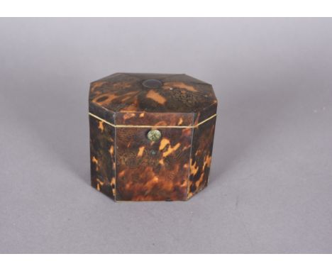 A late 18th early/19th Century tortoiseshell and ivory octagonal tea caddy, slightly domed top, hinged lid, lift out inner li