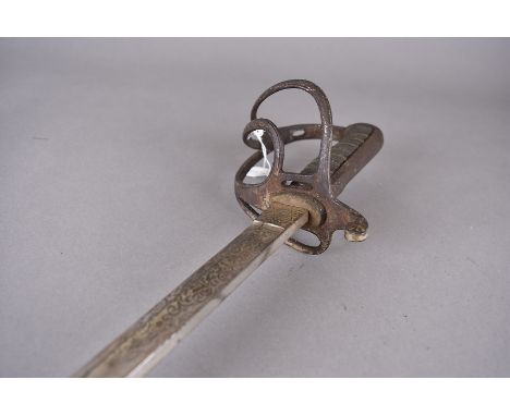A Victorian Artillery sword, having VR cipher, Honi Soit Qui Mal Y Pense emblem and cannon to one side of blade and wing and 