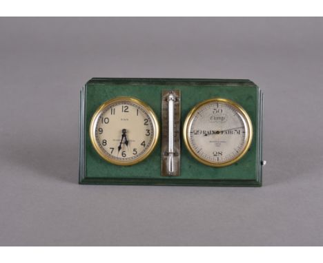 An Art Deco Negretti and Zambra desk clock, with thermometer and barometer on a simulated malachite easel mount, 15 cm x 8.5 