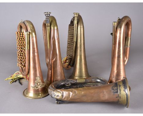 A group of five mixed metal bugles, including one for the 20th Middlesex R.V Artists by Kohler &amp; Sons (AF), one having ap