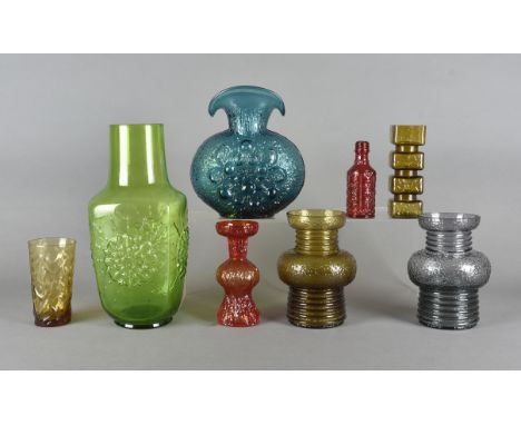 A selection of unmarked glass vases, to include a large green example of tapered rectangular form with floral mouldings and d