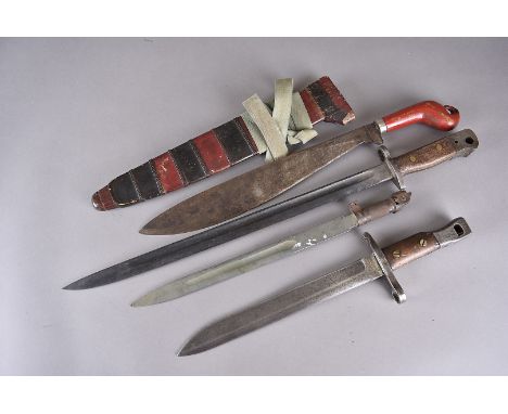 A Penang Machete, with wooden scabbard, marked Borneo, together with a Ross Bayonet and two others (4) 