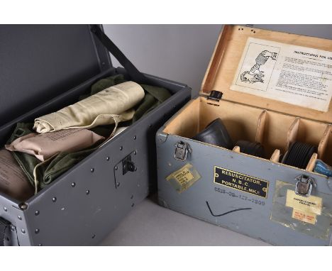 An assortment of Military First Aid items, to include a MK.2 Portable Resuscitator, in original fitted box from HMS Heron, a 
