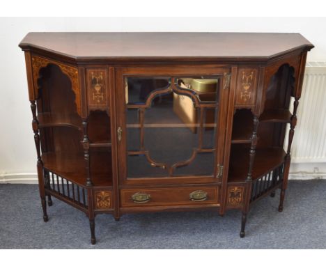 A Edwardian rosewood inlaid sideboard, central bevelled glazed panel door above single frieze drawer, canted corners with Moo