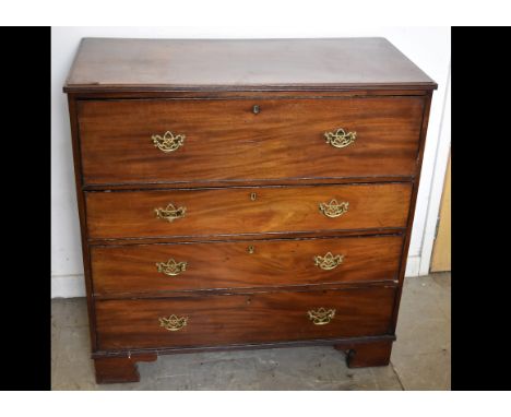 A 19th Century mahogany secretaire, fall down writing surface revealing fitted interior, above three graduated drawers, brack