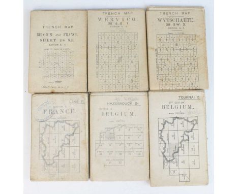 A collection of WW I linen backed maps, Trench map examples to include Belgium and France Sheet 28 S.E. Edition 5A, Wervicq 2