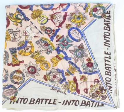 A WW II propaganda headscarf by Jacqmer of London, the screen printed rayon scarf with large star design of regimental badges