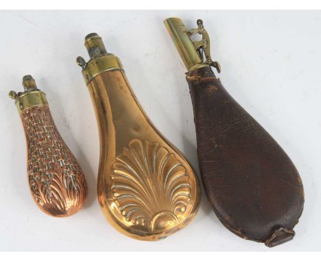 A 19th century copper powder flask, of typical pearl shape the body with embossed basket weave type decoration, the brass noz