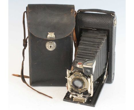 A Kodak 3A Autographic Film Camera No. A-122, circa 1914, in original black leather case with hand written details to the ins