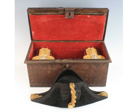 A Geo. VI Naval officer's bicorn hat by Gieves Ltd of 21 Old Bond Street, London, together with a matching pair of gold braid