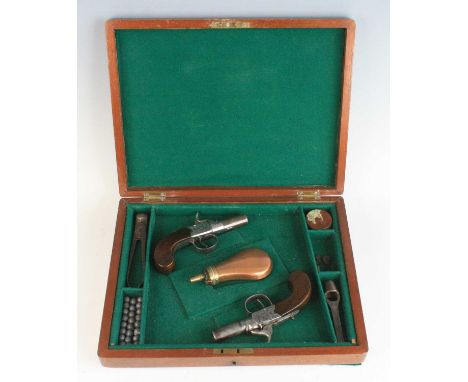 A pair of 19th century percussion box-lock pocket pistols, having 4cm turn-off steel barrels and engraved dolphin hammers, th